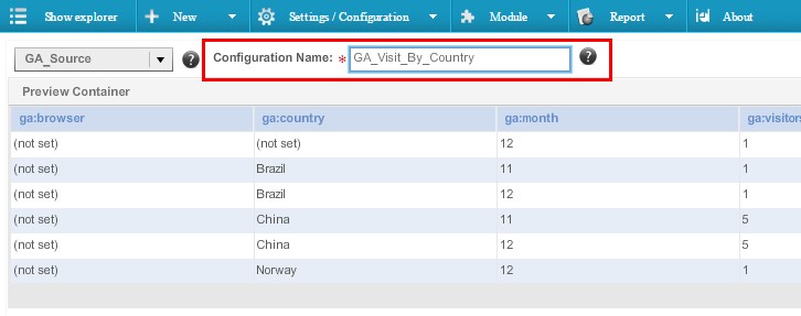 В поле «Configuration name» вводим имя источника данных, в нашем случае — «GA_Visit_By_Country»